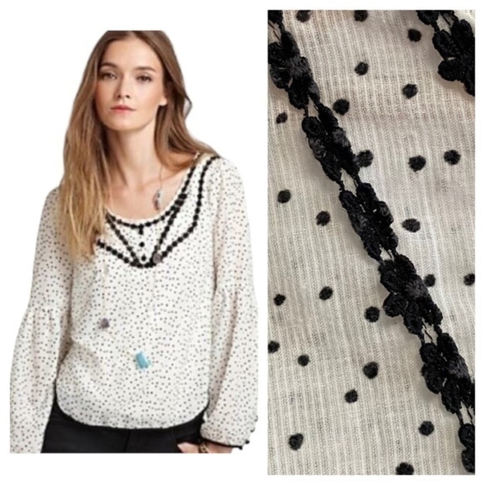 Free People White Black Polka Dot Floral Lace Joanna Peasant Top XS